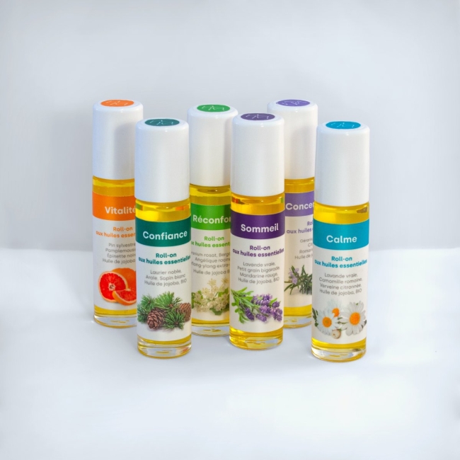6 roll-on aux huiles essentielles + étui en cuir cousu main