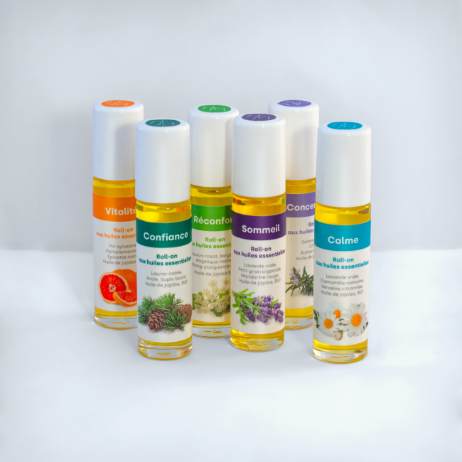 3 roll-on aux huiles essentielles à choix + étui en cuir cousu main